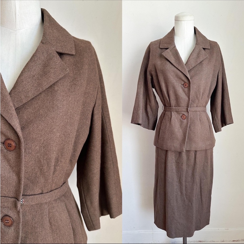 Vintage 1960s Brown Wool Skirt Suit / XS